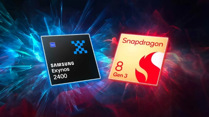 Bảng mạch chứa chip Snapdragon 8 Gen 3 và Exynos 2400, thể hiện sự tinh tế trong thiết kế công nghệ.